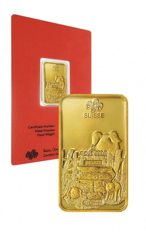 Gold Bullion 5 Gram Lunar Year of the Pig  Bar Pre-Owned Switzerland PAMP Suisse reverse