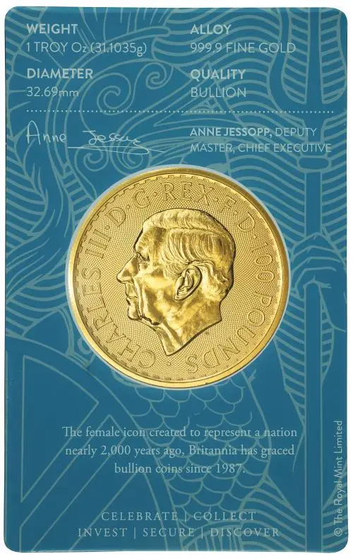 2023 Gold Bullion 1 Ounce Britannia Charles III Pound Sterling £100  Coin In Sleeve United Kingdom The Royal Mint obverse