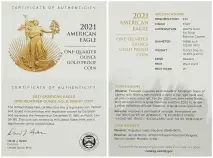 2021 Gold Proof 0.25 Ounce Eagle Type 2  Coin Single United States of America US Mint cert