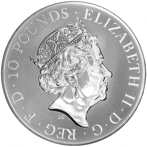 2023 Silver Bullion 10 Ounce Tudor Beasts Elizabeth II Yale of Beaufort £10 The Royal Mint- Pre Owned obverse chards image crop