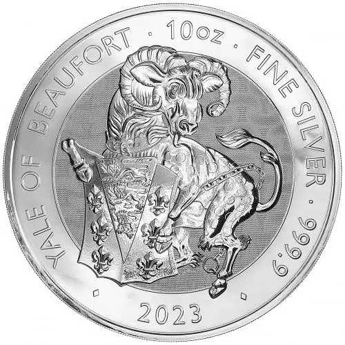 2023 Silver Bullion 10 Ounce Tudor Beasts Elizabeth II Yale of Beaufort £10 The Royal Mint- Pre Owned reverse chards image crop
