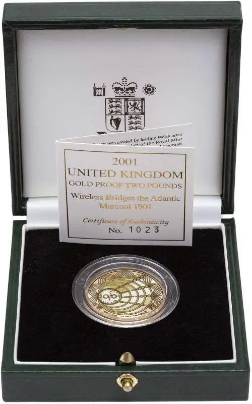 2001 Gold Proof Marconi 2 Pounds reverse in box