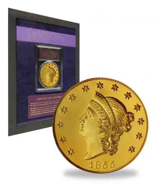 1855 Gold Graded Quintuple Eagle Kellogg US Dollar $50  Coin Presentation Case Collectable United States of America PCGS Gem Proof coin in display obverse coins