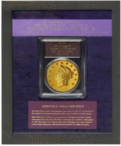 1855 Gold Graded Quintuple Eagle Kellogg US Dollar $50  Coin Presentation Case Collectable United States of America PCGS Gem Proof coin in display