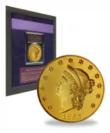 1855 Gold Graded Quintuple Eagle Kellogg US Dollar $50  Coin Presentation Case Collectable United States of America PCGS Gem Proof coin in display obverse coins