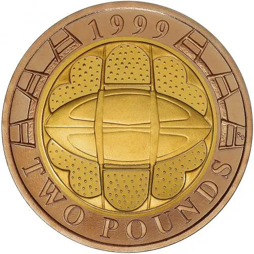 1999 Gold Proof 	Rugby World Cup Pound Sterling £2  Coin Without Box Without Cert United Kingdom The Royal Mint reverse