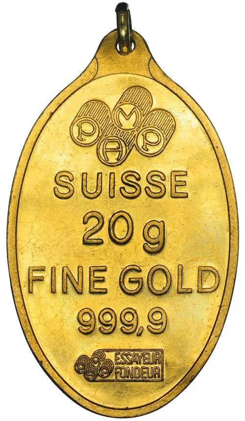 Gold Bullion 20 Gram Pendant  Bar Switzerland PAMP Suisse reverse chards image crop