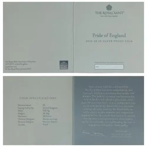 2023 Silver Proof Pride Of England £5  Coin With Box with Cert United Kingdom The Royal Mint certificate