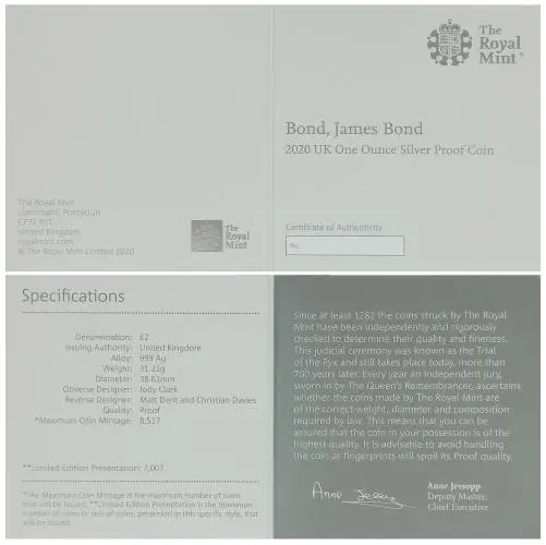 2020 Silver Proof 1 Ounce 007 James Bond Pound Sterling  Coin With Box with Cert United Kingdom The Royal Mint 3 Coins cert 1