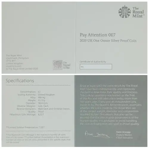 2020 Silver Proof 1 Ounce 007 James Bond Pound Sterling  Coin With Box with Cert United Kingdom The Royal Mint 3 Coins cert 2