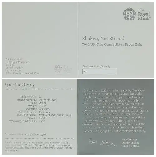 2020 Silver Proof 1 Ounce 007 James Bond Pound Sterling  Coin With Box with Cert United Kingdom The Royal Mint 3 Coins cert 3