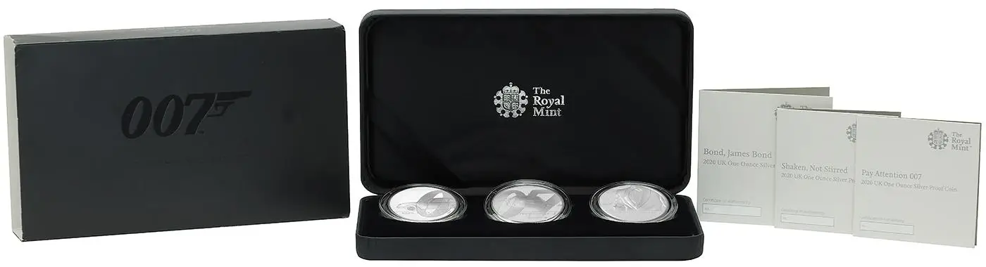 2020 Silver Proof 1 Ounce 007 James Bond Pound Sterling  Coin With Box with Cert United Kingdom The Royal Mint 3 Coins reverse display