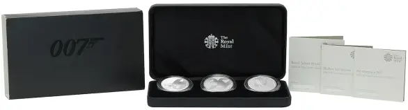 2020 Silver Proof 1 Ounce 007 James Bond Pound Sterling  Coin With Box with Cert United Kingdom The Royal Mint 3 Coins reverse display
