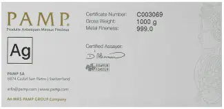 PAMP Suisse Fortuna 1kg Silver Bullion Bar - Pre-Owned certificate