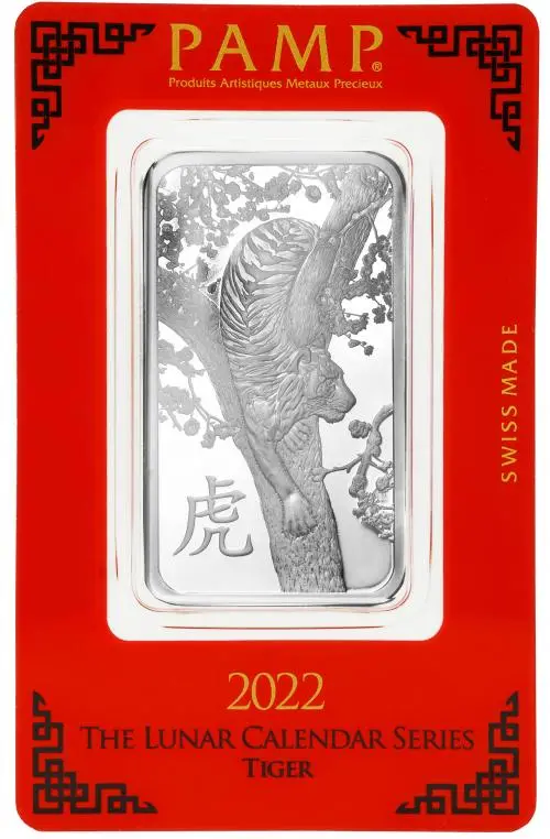 2022 Silver Bullion 1 Ounce Minted Year of the Tiger  Bar Single PAMP Suisse reverse