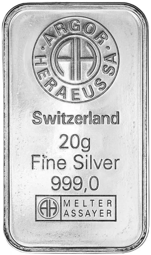 Silver Bullion 20 Gram  Bar Pre-Owned Heraeus obverse chards image crop 2