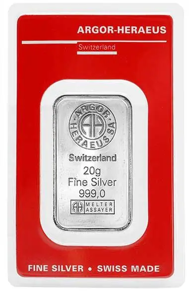 Silver Bullion 20 Gram  Bar Pre-Owned Heraeus obverse chards image crop