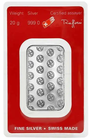 Silver Bullion 20 Gram  Bar Pre-Owned Heraeus reverse chards image crop