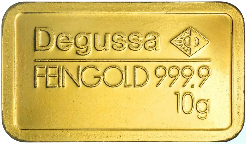 Gold Bullion 10 Gram Minted  Bar Loose Pre-Owned Degussa reverse chards image crop