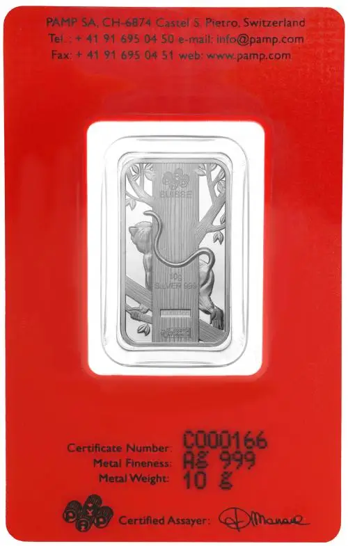 2016 Silver Bullion 10 Gram Lunar Year of the Monkey  Bar In Sleeve Pre-Owned Switzerland PAMP Suisse obverse