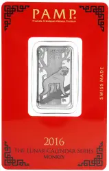 2016  Switzerland PAMP Suisse Silver Bullion 10 Gram Lunar Year of the Monkey  Bar In Sleeve Pre-Owned