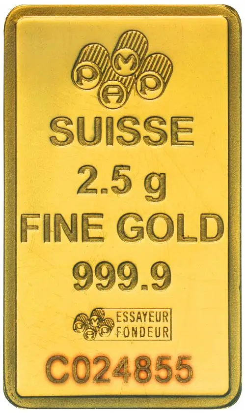 Gold Bullion 2.5 Gram Minted Rosa Best Value  Bar Pre-Owned PAMP Suisse obverse chards image close up