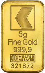 Kantonalbank Gold 5 Gram  Bar Switzerland Argor Heraeus reverse chards image close up