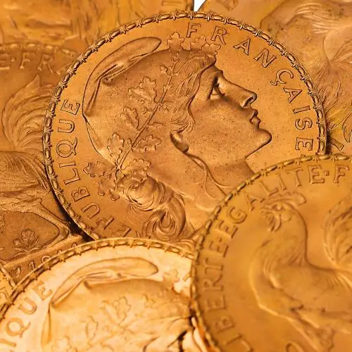 1907-1914 Gold French 20 Francs Marianne Rooster Bullion Coin designs may vary close up crop