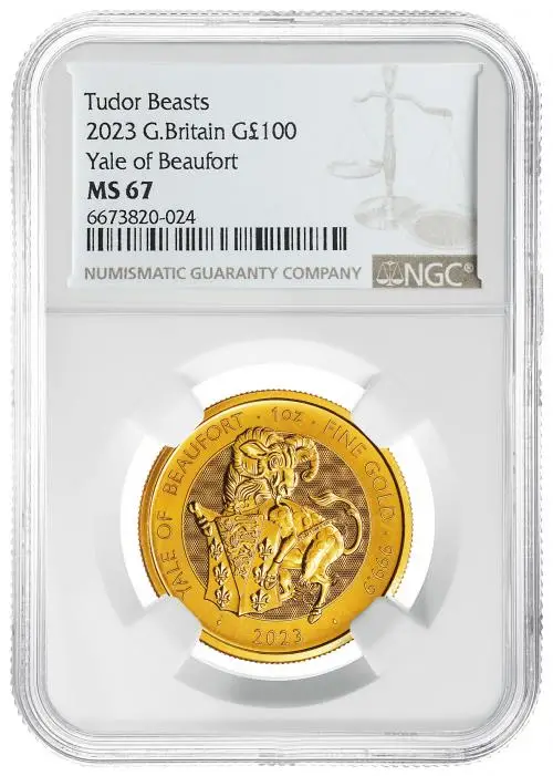 2023 Gold Bullion 1 Ounce Tudor Beasts Elizabeth II Yale of Beaufort Pound Sterling £100  Coin NGC United Kingdom The Royal Mint MS-67 reverse