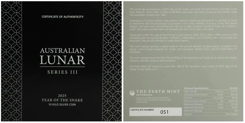 2025 Australian Year of the Snake 10 kg Silver Bullion Coin cert
