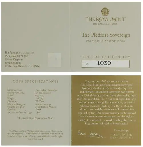 2025 Gold Proof Piedfort Sovereign Coin certificate