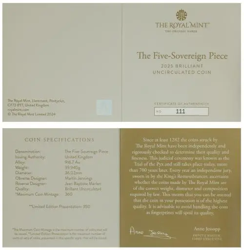 2025 Gold Brilliant Uncirculated Quintuple Sovereign Coin certificate