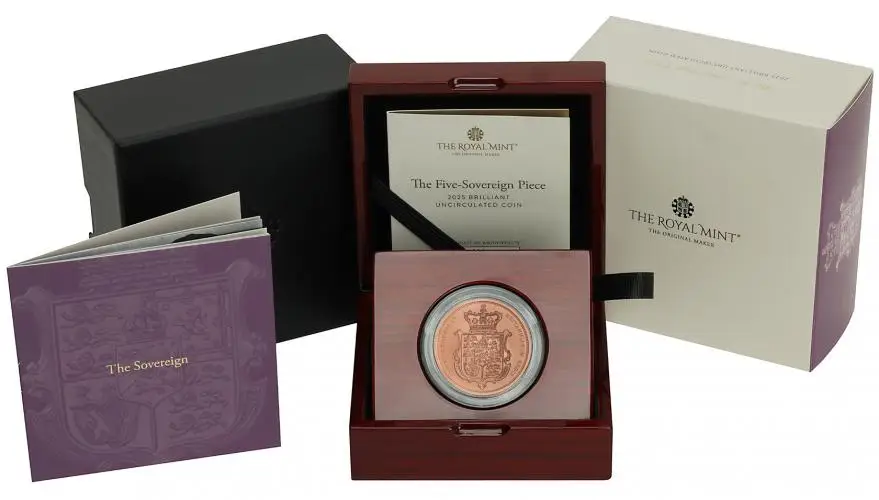 2025 Gold Brilliant Uncirculated Quintuple Sovereign Coin display