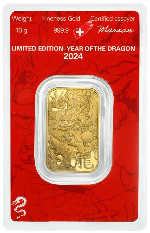 2024 Gold Bullion 10 Gram Minted Year of the Dragon  Bar Pre-Owned reverse