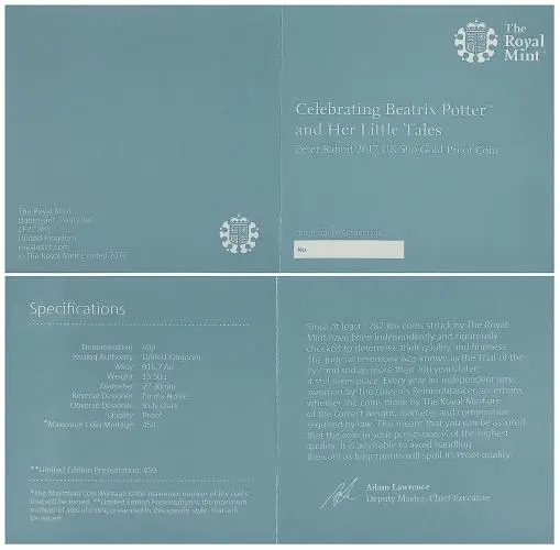 2017 Gold Proof Beatrix Potter Elizabeth II Peter Rabbit Pound Sterling 50 Pence  Coin certificate