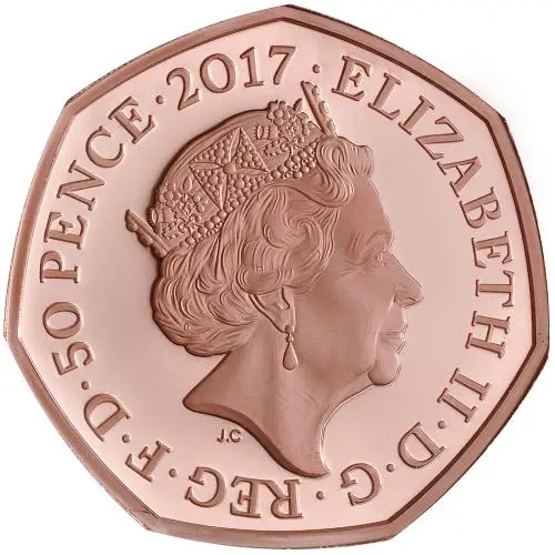 2017 Gold Proof Beatrix Potter Elizabeth II Peter Rabbit Pound Sterling 50 Pence  Coin obverse