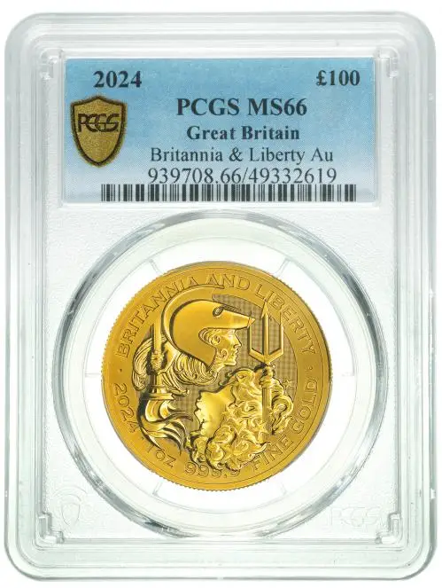 2024 Gold Bullion 1 Ounce Britannia and Liberty Charles III £100  Coin Single United Kingdom PCGS MS-66 reverse