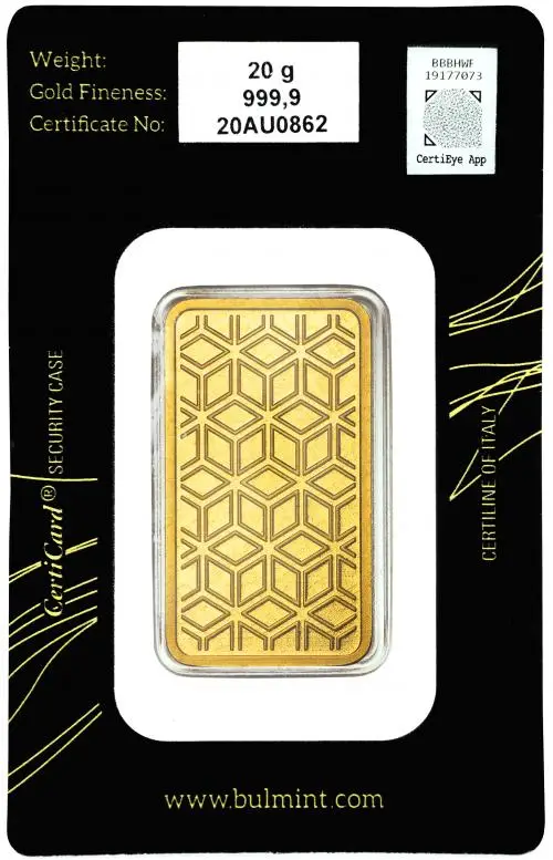 Bulmint 20g Minted Gold Bullion Bar obverse 1