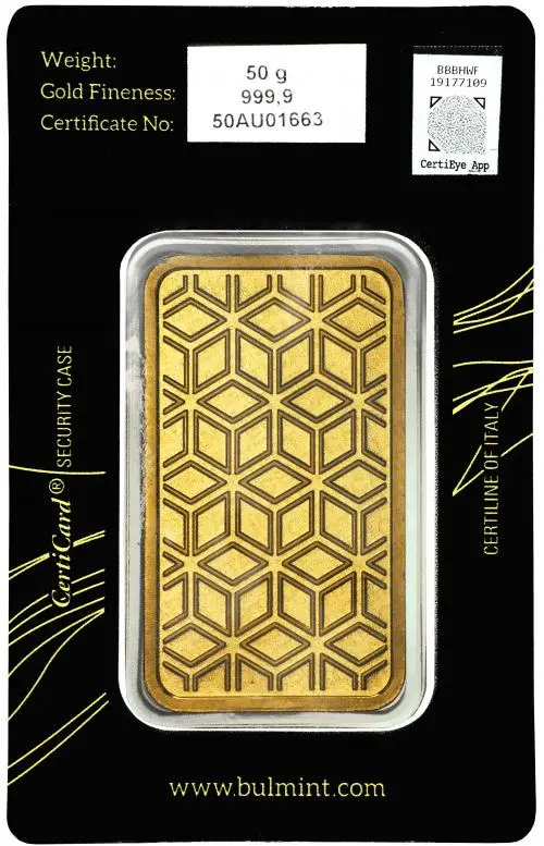 Bulmint 50g Minted Gold Bullion Bar obverse 1