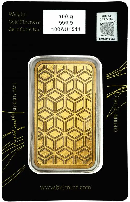Bulmint 100g Minted Gold Bullion Bar obverse 1