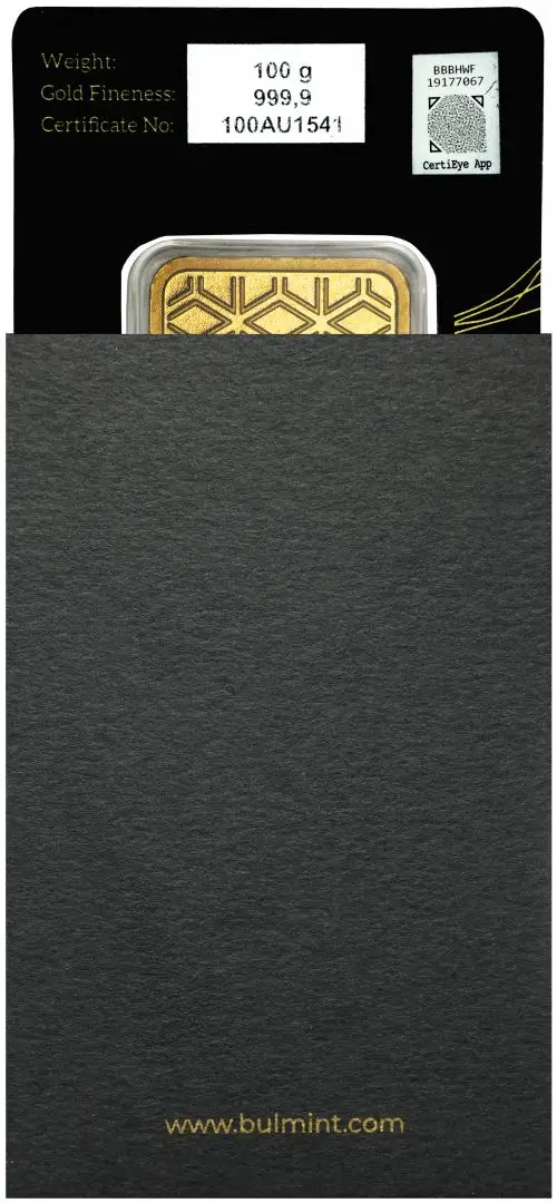 Bulmint 100g Minted Gold Bullion Bar package 1