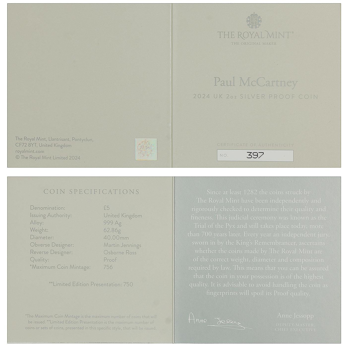 2024 UK Paul McCartney Silver Proof 2 oz Coin | Chards