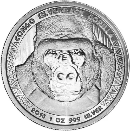 2016 Silver 1 Ounce Silverback Gorilla  Coin Republic of Congo reverse