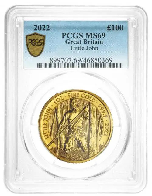 2022 Gold Bullion 1 Ounce Myths & Legends Elizabeth II Little John Pound Sterling £100  Coin Slabbed PCGS United Kingdom The Royal Mint MS-69 reverse