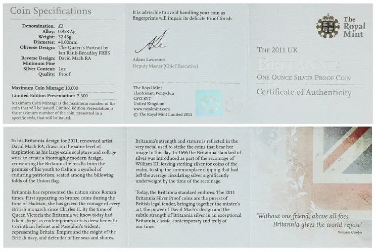 2011 Silver Proof 1 Ounce Britannia Elizabeth II  Coin Single Pre-Owned United Kingdom The Royal Mint certificate
