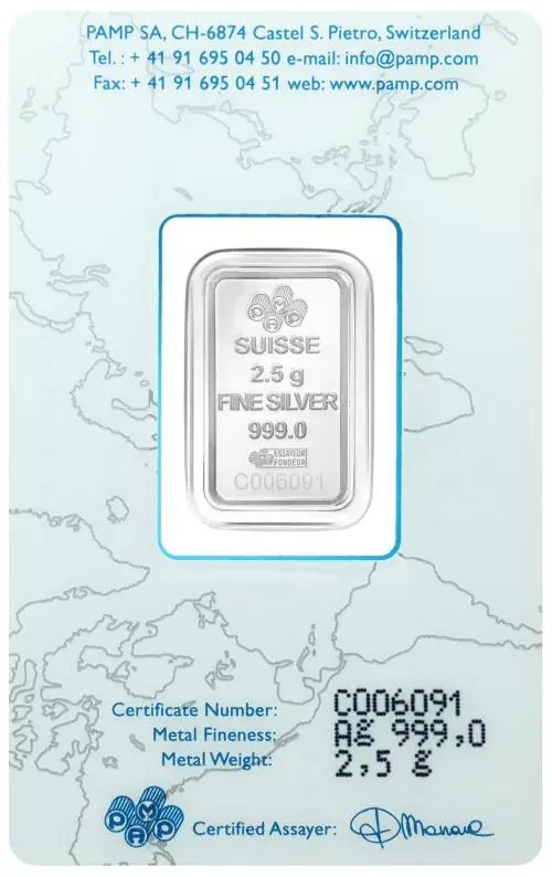 Silver 2.5 Gram  Bar In Sleeve PAMP Suisse obverse