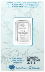 Silver 2.5 Gram  Bar In Sleeve PAMP Suisse obverse