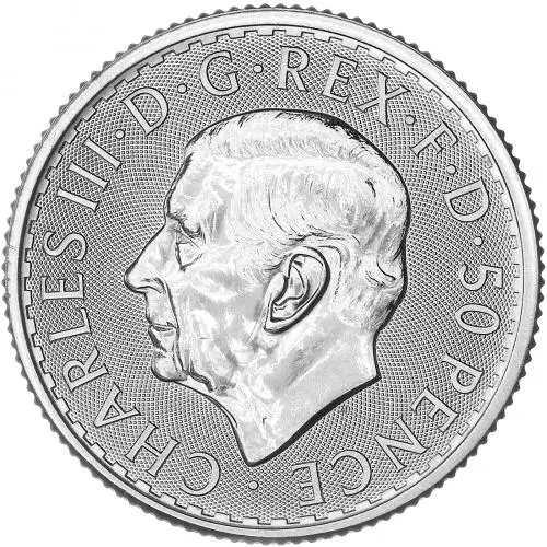 2025 Silver Bullion 0.25 Ounce Britannia Charles III Pound Sterling 50 Pence  Coin Single Pre-Owned United Kingdom The Royal Mint obverse