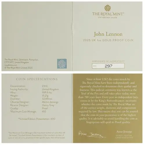 2025 John Lennon 'Music Legends' 1 oz Gold Proof Coin certificate