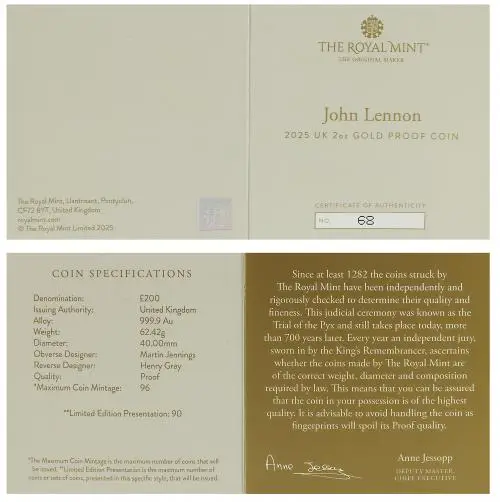 2025 John Lennon 'Music Legends' 2 oz Gold Proof Coin  certificate